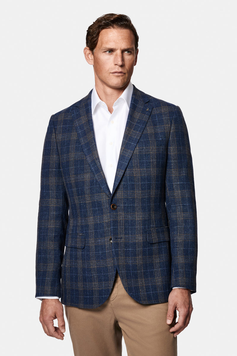 Koyu Lacivert 4 Drop Relaxed Fit Rahat Kesim Ekose Yün Keten Karışımlı İtalyan Ceket