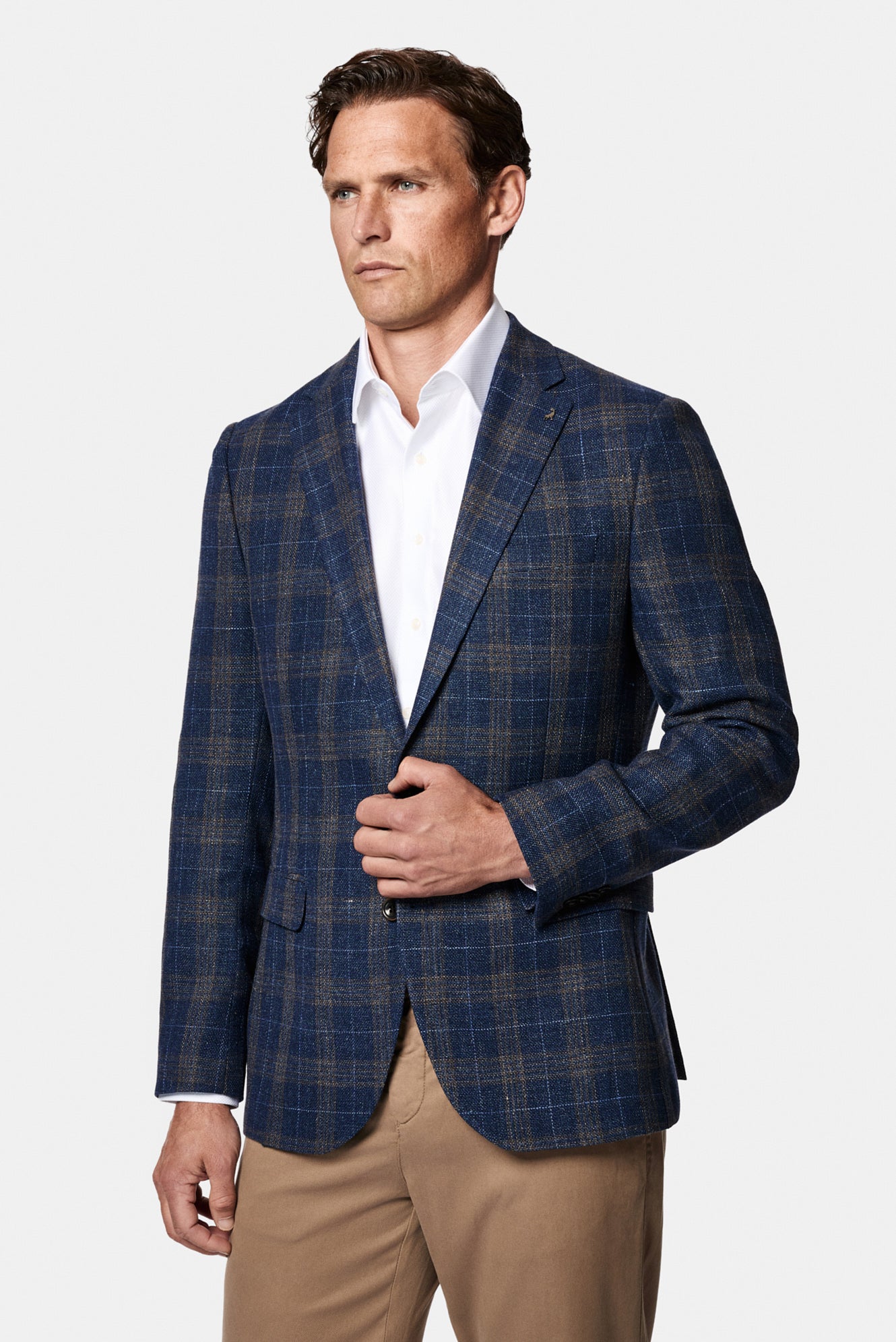 Koyu Lacivert 4 Drop Relaxed Fit Rahat Kesim Ekose Yün Keten Karışımlı İtalyan Ceket