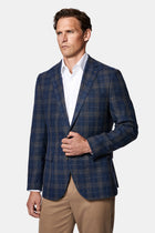 Koyu Lacivert 4 Drop Relaxed Fit Rahat Kesim Ekose Yün Keten Karışımlı İtalyan Ceket