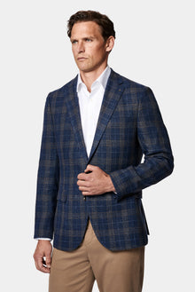 Koyu Lacivert 4 Drop Relaxed Fit Rahat Kesim Ekose Yün Keten Karışımlı İtalyan Ceket