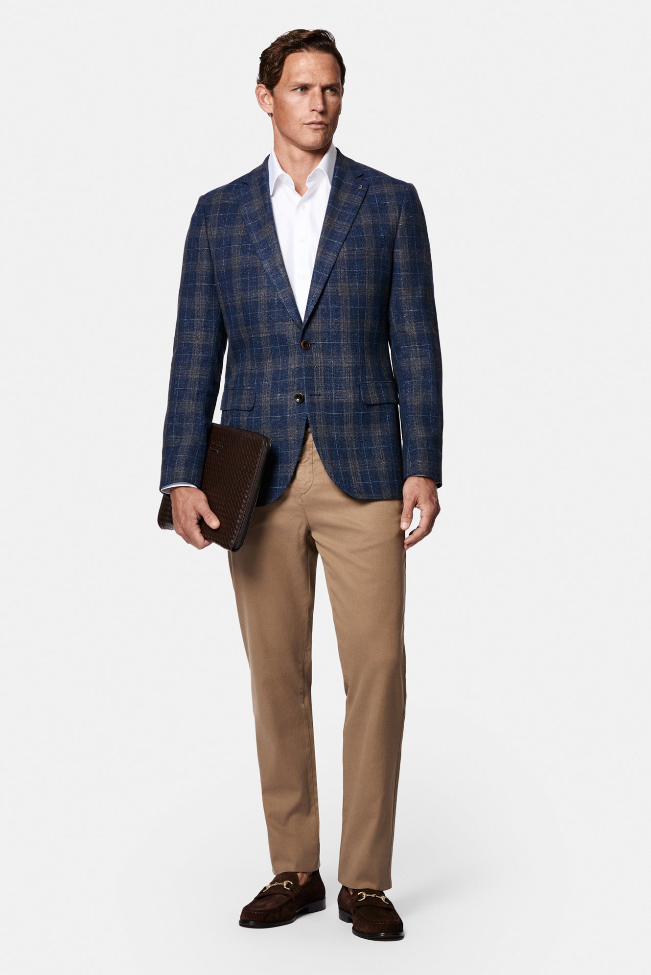 Koyu Lacivert 4 Drop Relaxed Fit Rahat Kesim Ekose Yün Keten Karışımlı İtalyan Ceket