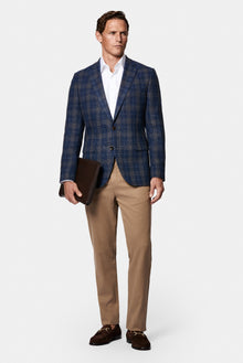 Koyu Lacivert 4 Drop Relaxed Fit Rahat Kesim Ekose Yün Keten Karışımlı İtalyan Ceket