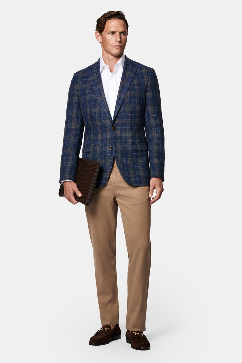 Koyu Lacivert 4 Drop Relaxed Fit Rahat Kesim Ekose Yün Keten Karışımlı İtalyan Ceket