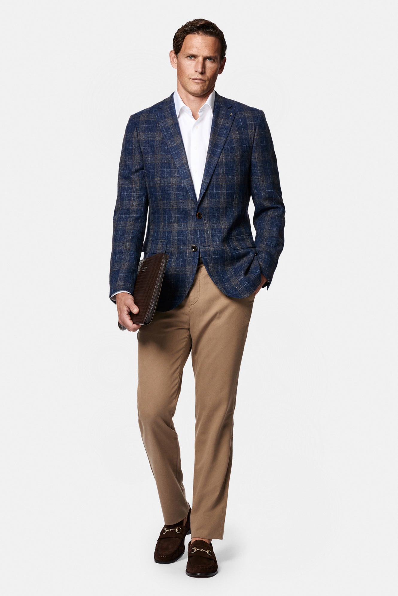 Koyu Lacivert 4 Drop Relaxed Fit Rahat Kesim Ekose Yün Keten Karışımlı İtalyan Ceket