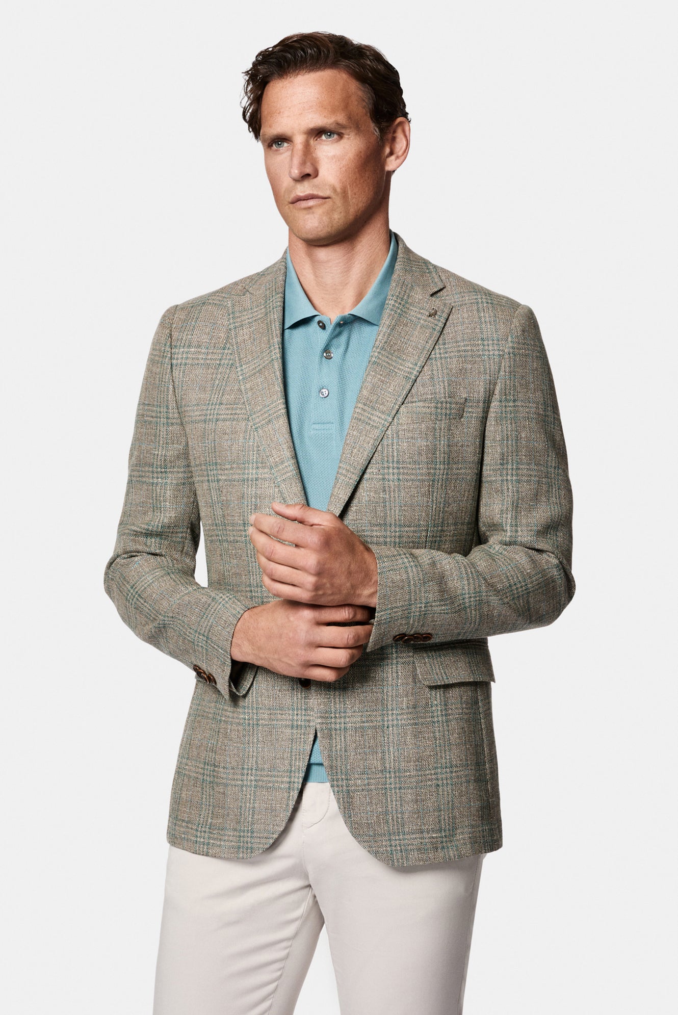 Orta Bej 4 Drop Relaxed Fit Rahat Kesim Ekose Yün Keten Karışımlı İtalyan Ceket
