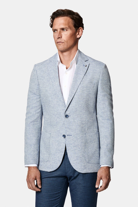 Açık Mavi 7 Drop Slim Fit Dar Kesim Keten Karışımlı Desenli Astarsız Ceket