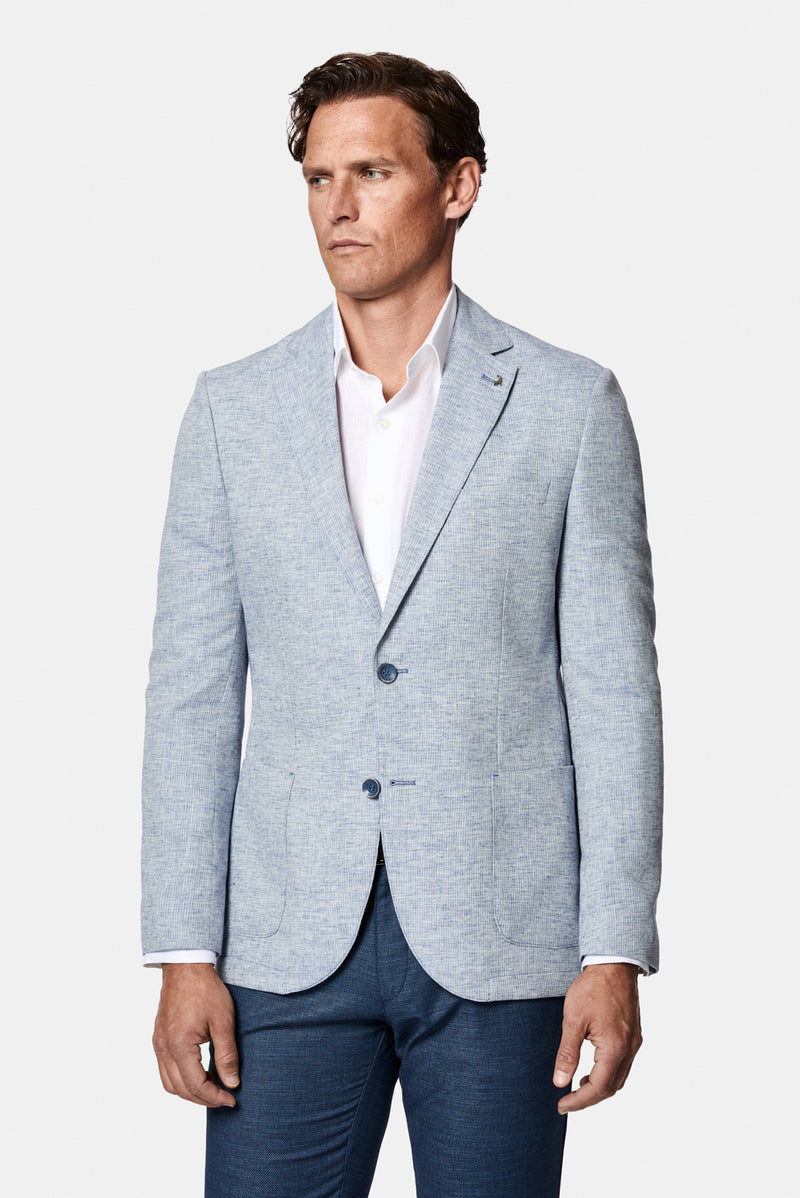 Açık Mavi 7 Drop Slim Fit Dar Kesim Keten Karışımlı Desenli Astarsız Ceket