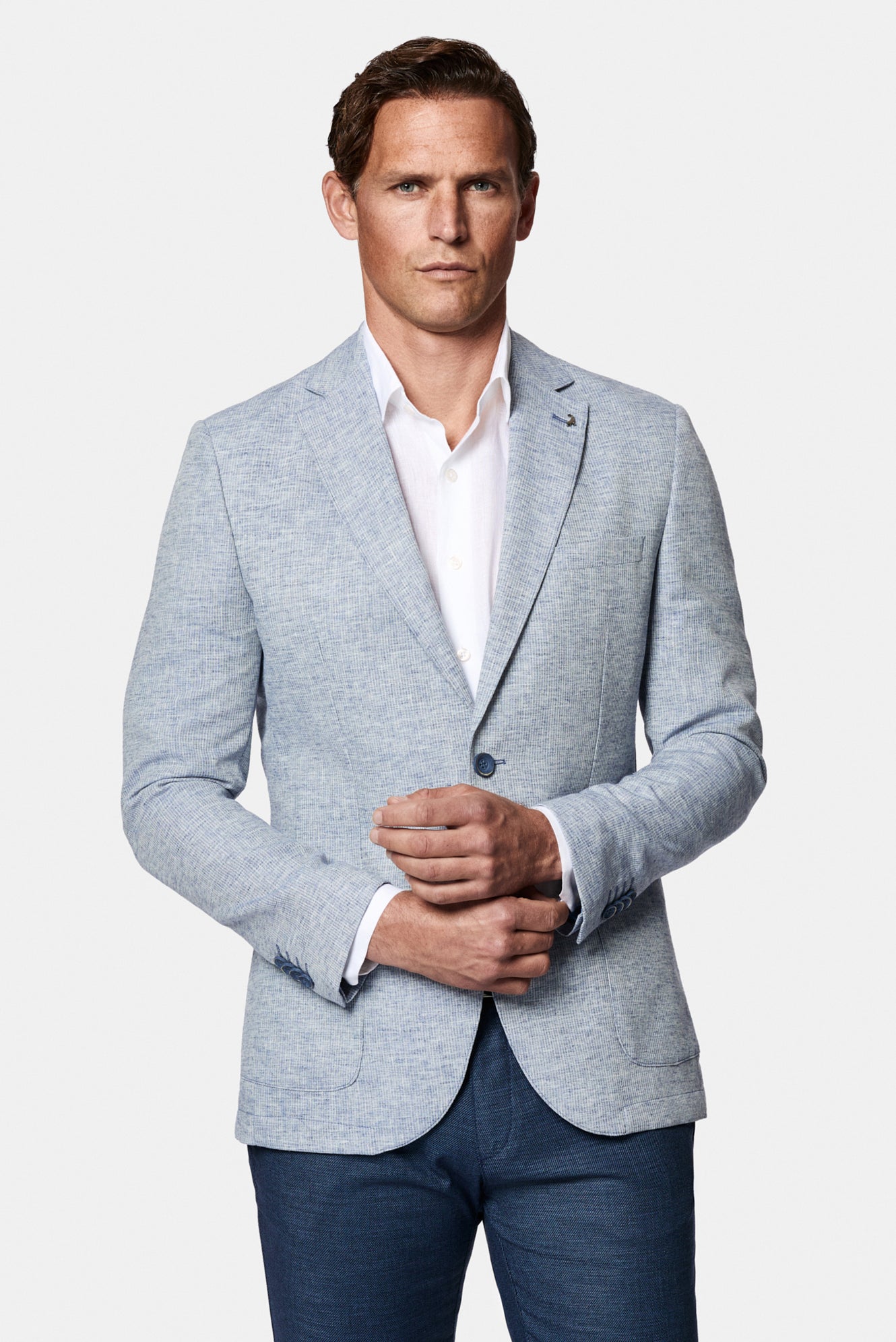 Açık Mavi 7 Drop Slim Fit Dar Kesim Keten Karışımlı Desenli Astarsız Ceket