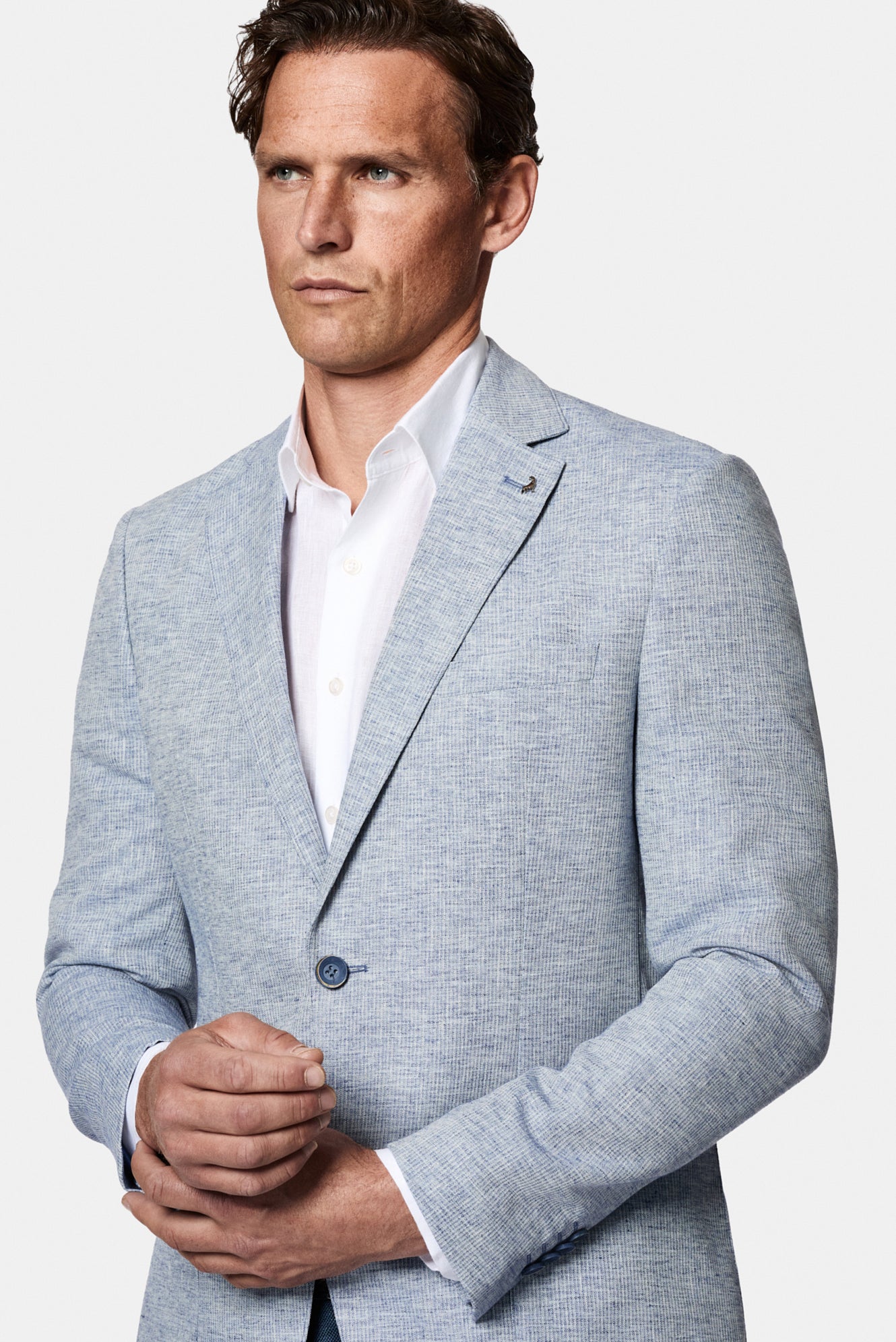 Açık Mavi 7 Drop Slim Fit Dar Kesim Keten Karışımlı Desenli Astarsız Ceket