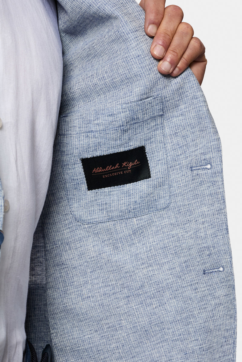 Açık Mavi 7 Drop Slim Fit Dar Kesim Keten Karışımlı Desenli Astarsız Ceket