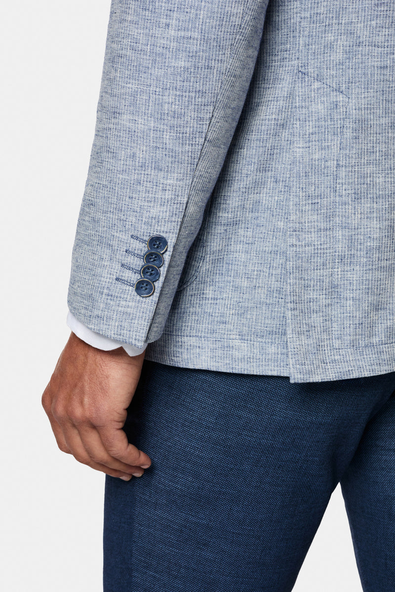 Açık Mavi 7 Drop Slim Fit Dar Kesim Keten Karışımlı Desenli Astarsız Ceket