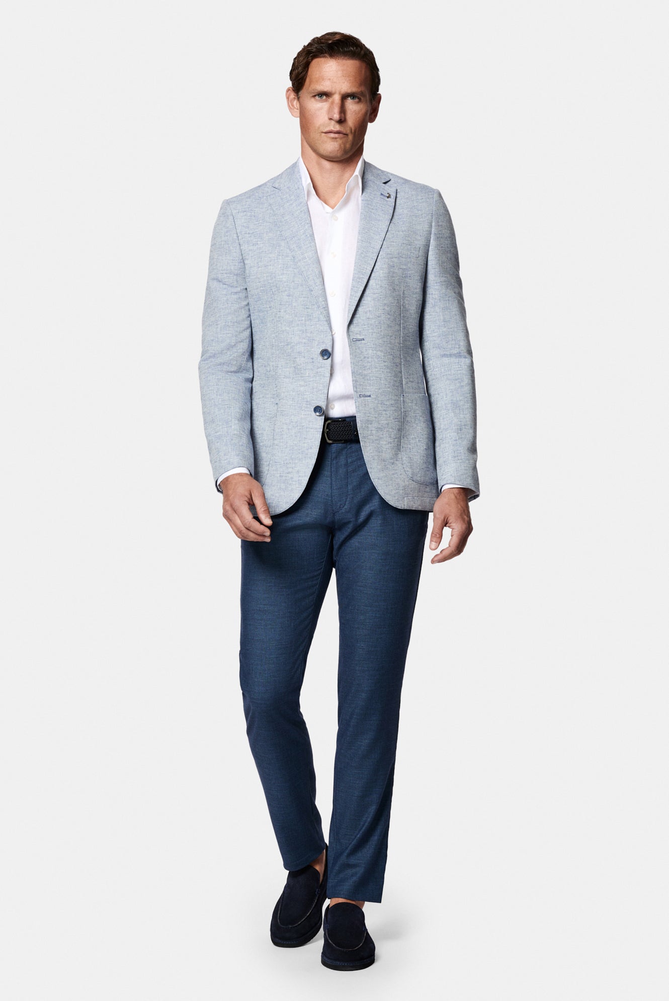 Açık Mavi 7 Drop Slim Fit Dar Kesim Keten Karışımlı Desenli Astarsız Ceket