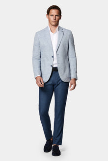 Açık Mavi 7 Drop Slim Fit Dar Kesim Keten Karışımlı Desenli Astarsız Ceket