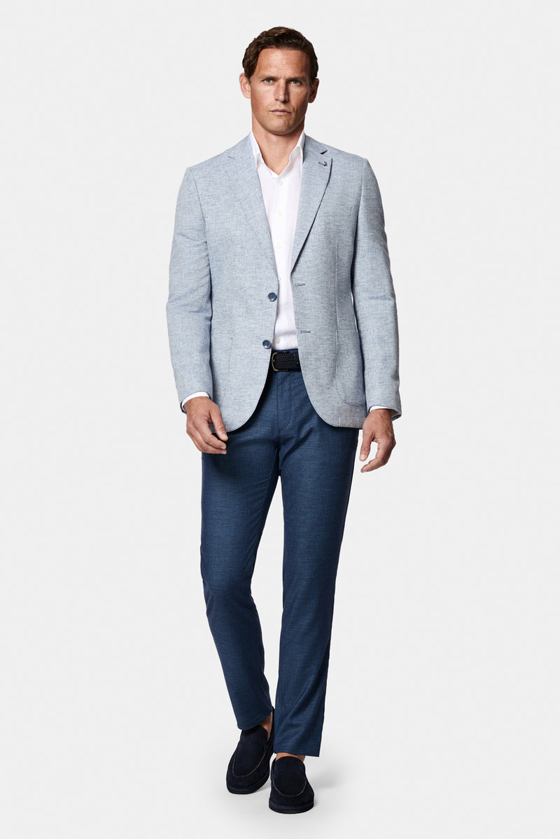 Açık Mavi 7 Drop Slim Fit Dar Kesim Keten Karışımlı Desenli Astarsız Ceket