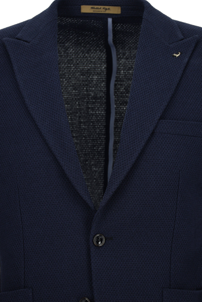 Koyu Lacivert 6 Drop Regular Fit Standart Kesim Sivri Yaka Torba Cep Desenli Spor İtalyan Örme Ceket
