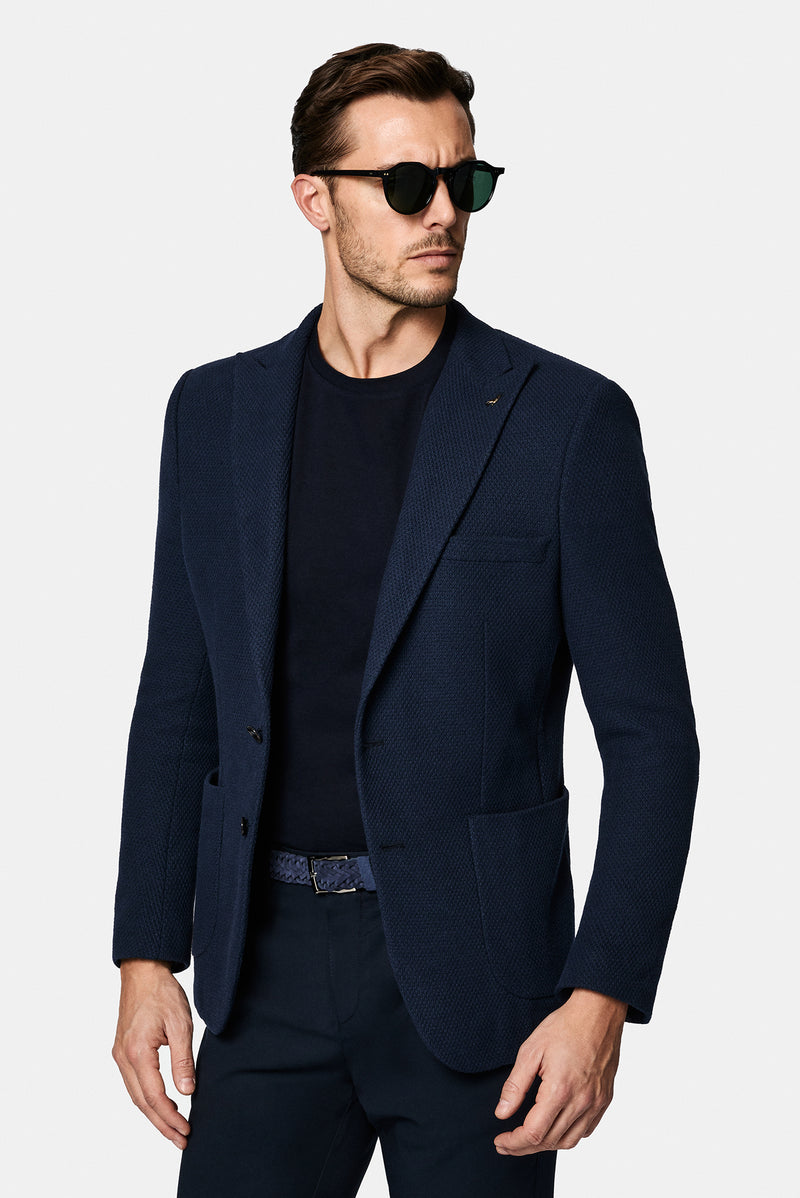 Koyu Lacivert 6 Drop Regular Fit Standart Kesim Sivri Yaka Torba Cep Desenli Spor ?talyan Örme Ceket-Abdullah Ki??l?