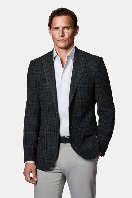 Siyah 4 Drop Relaxed Fit Rahat Kesim Yünlü Ekose İtalyan Ceket