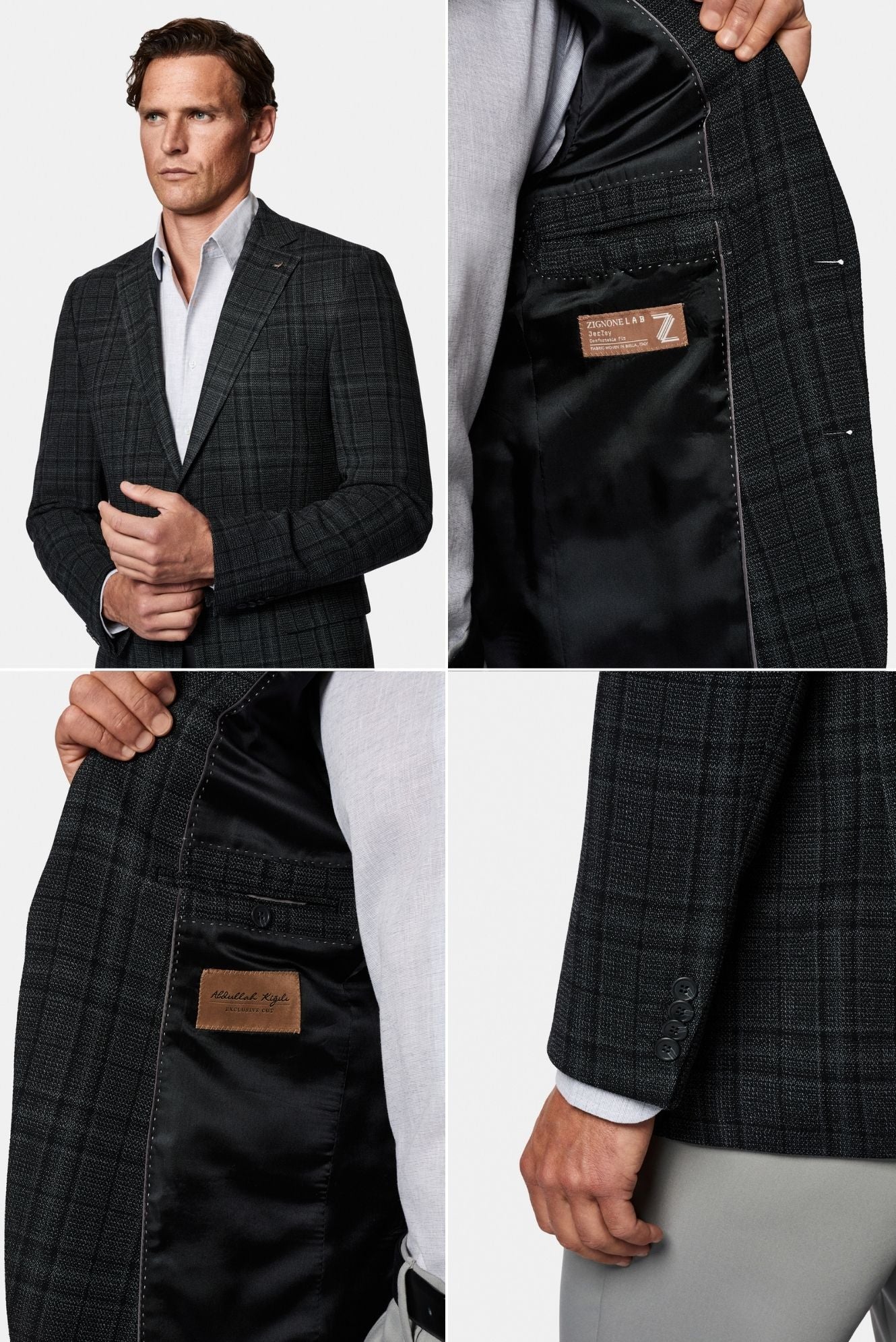Siyah 4 Drop Relaxed Fit Rahat Kesim Yünlü Ekose İtalyan Ceket