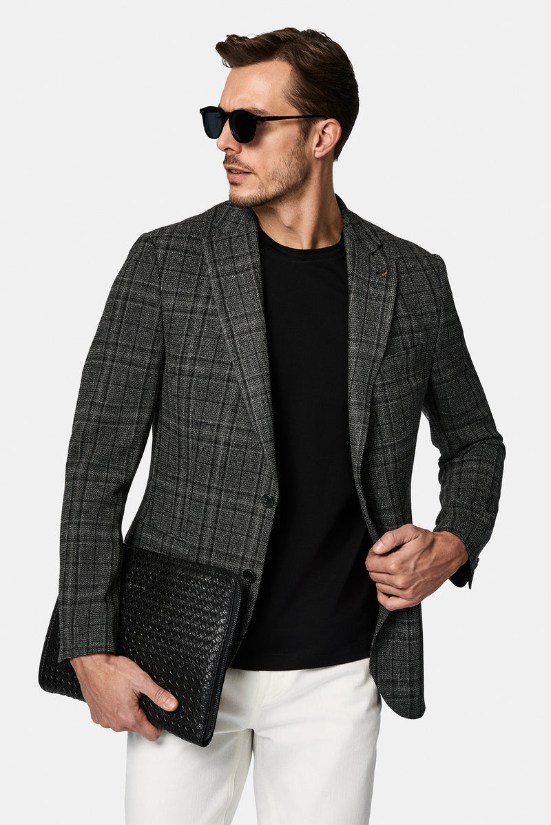 Koyu Antrasit 4 Drop Relaxed Fit Rahat Kesim Yünlü Ekose İtalyan Ceket