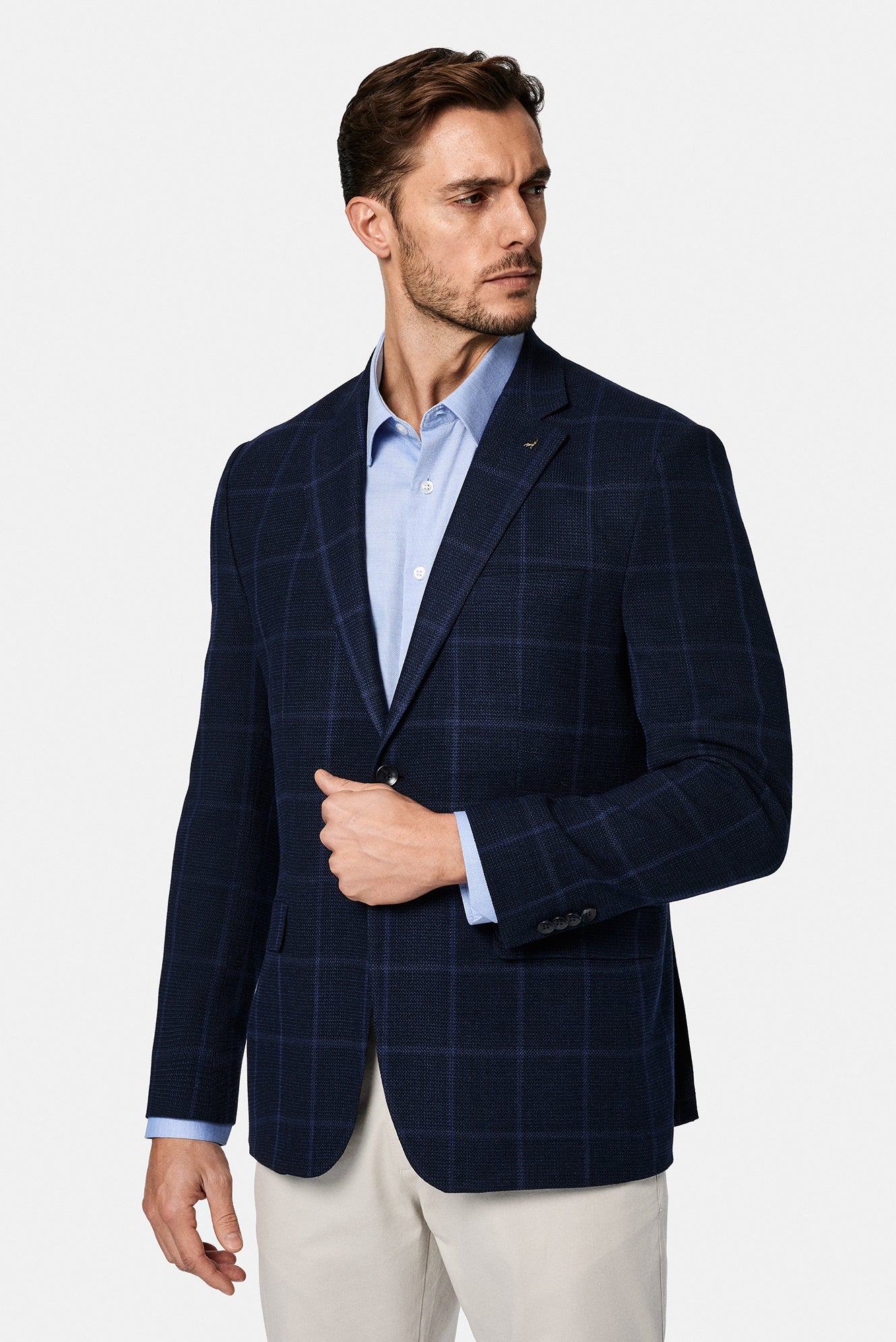 Orta Lacivert 7 Drop Slim Fit Dar Kesim Yünlü Ekose ?talyan Ceket-Abdullah Ki??l?