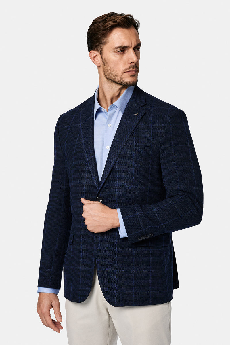 Orta Lacivert 7 Drop Slim Fit Dar Kesim Yünlü Ekose İtalyan Ceket