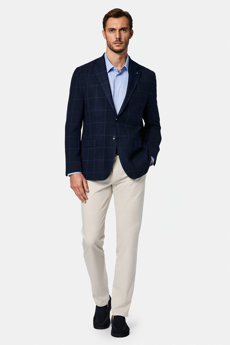 Orta Lacivert 7 Drop Slim Fit Dar Kesim Yünlü Ekose İtalyan Ceket