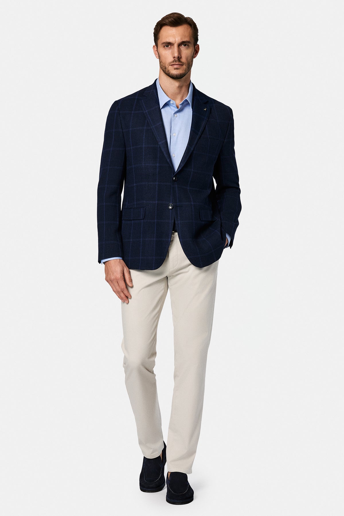 Orta Lacivert 4 Drop Relaxed Fit Rahat Kesim Yünlü Ekose İtalyan Ceket