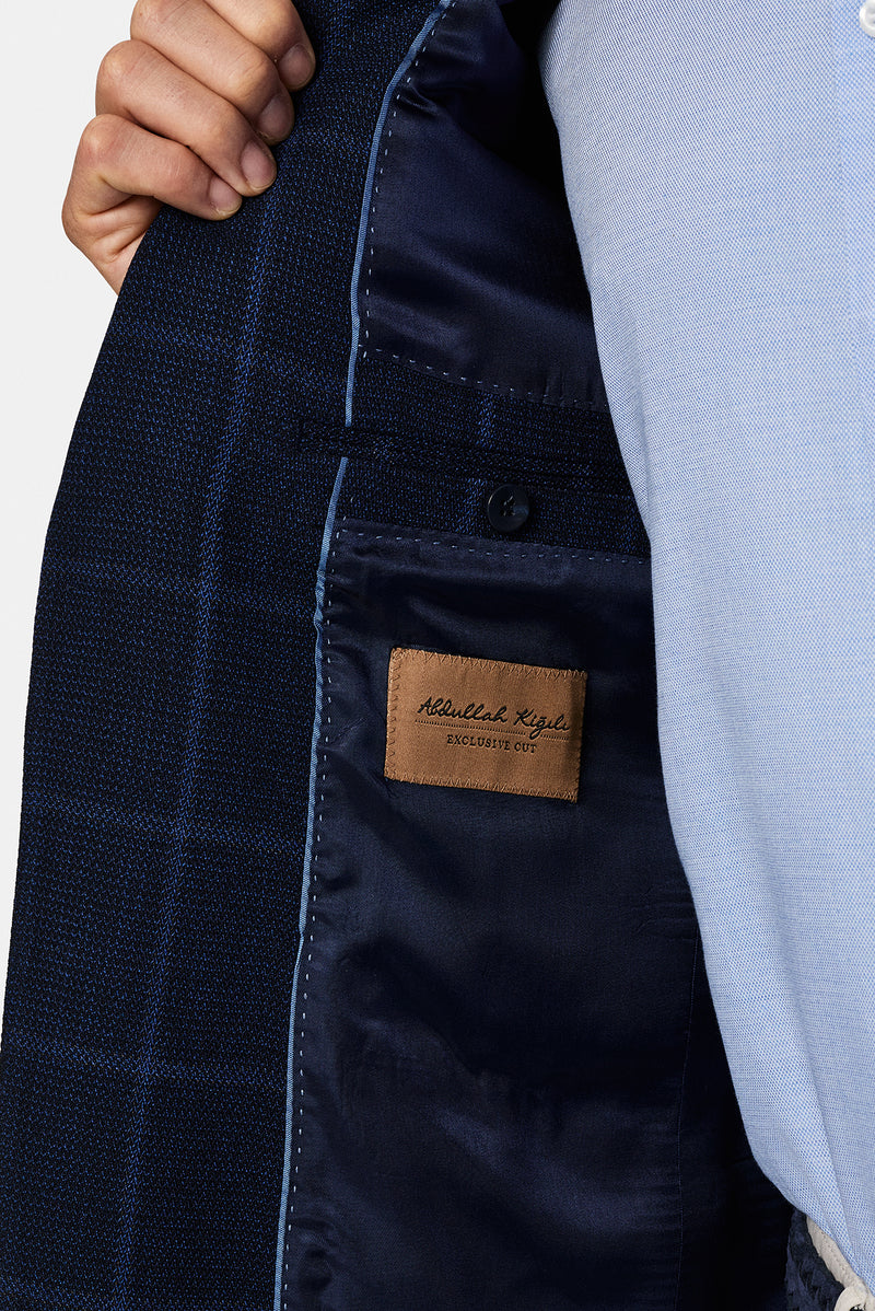 Orta Lacivert 7 Drop Slim Fit Dar Kesim Yünlü Ekose İtalyan Ceket