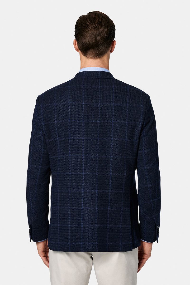 Orta Lacivert 4 Drop Relaxed Fit Rahat Kesim Yünlü Ekose İtalyan Ceket