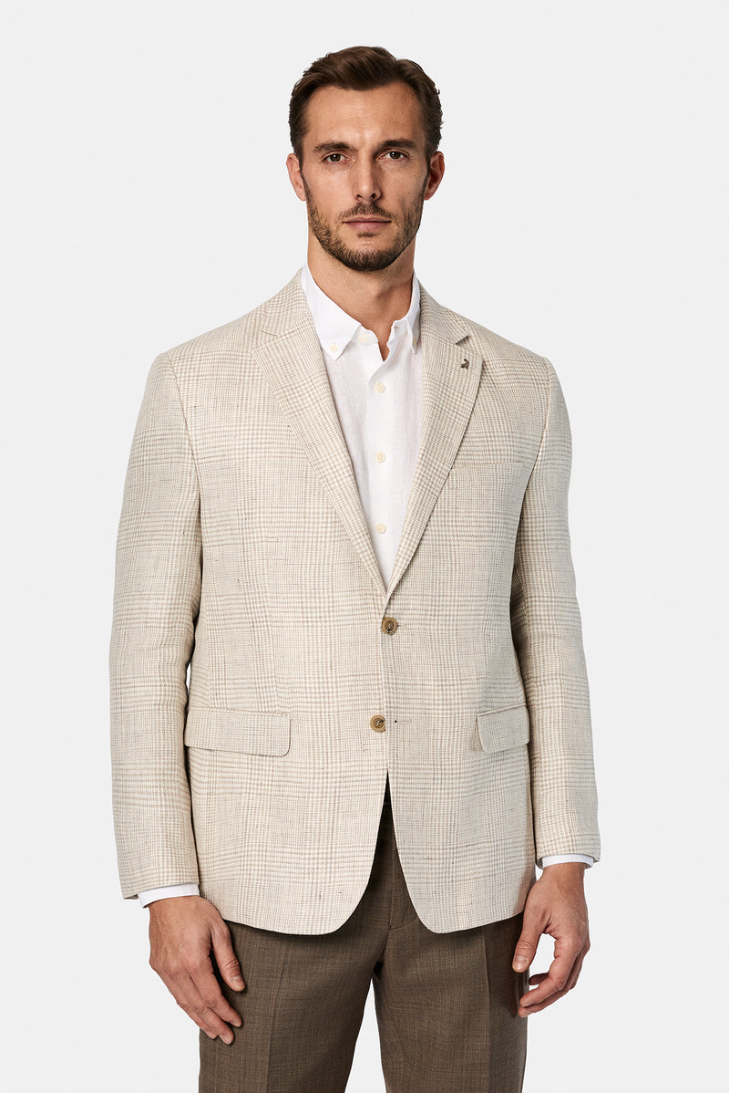 Aç?k Bej 4 Drop Relaxed Fit Rahat Kesim Ekose Keten ?talyan Ceket-Abdullah Ki??l?