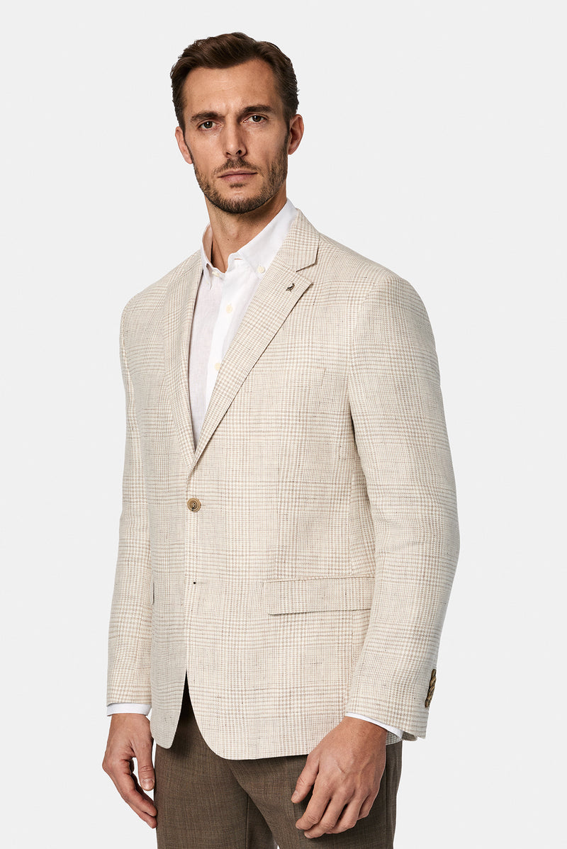 Aç?k Bej 4 Drop Relaxed Fit Rahat Kesim Ekose Keten ?talyan Ceket-Abdullah Ki??l?