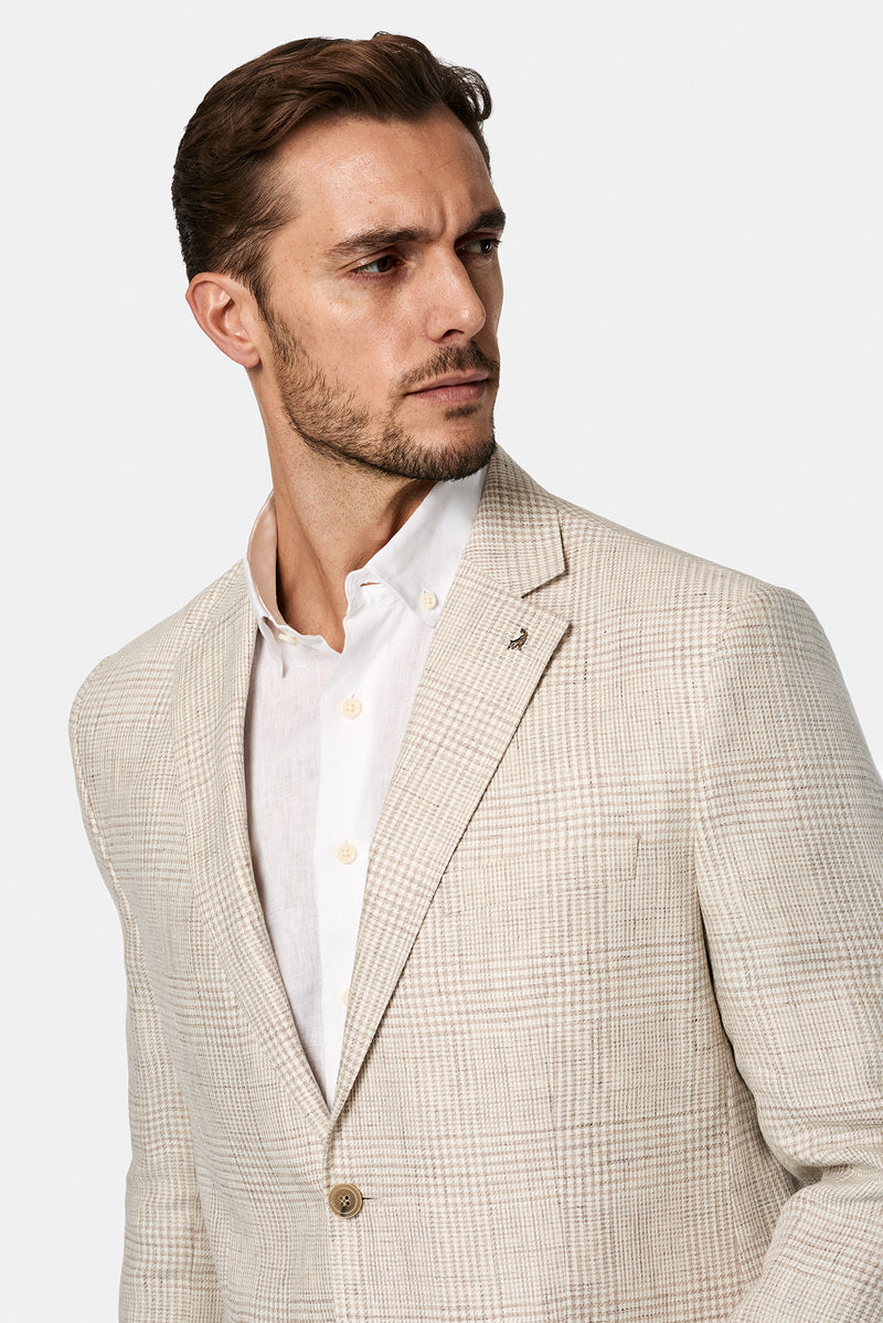 Aç?k Bej 4 Drop Relaxed Fit Rahat Kesim Ekose Keten ?talyan Ceket-Abdullah Ki??l?