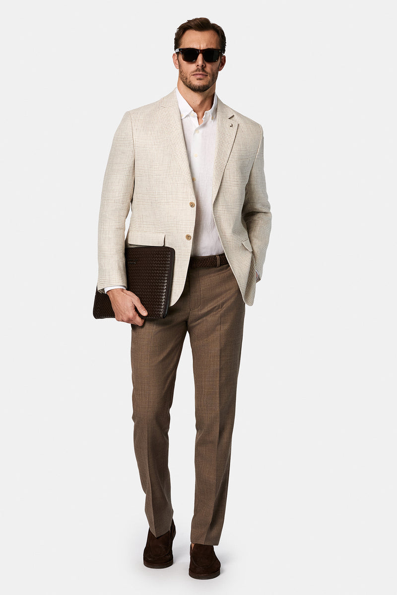 Aç?k Bej 4 Drop Relaxed Fit Rahat Kesim Ekose Keten ?talyan Ceket-Abdullah Ki??l?