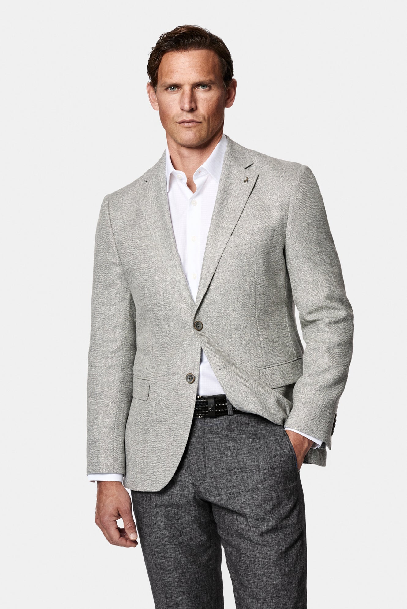 Açık Gri 7 Drop Slim Fit Dar Kesim Keten Karışımlı Desenli Klasik Ceket