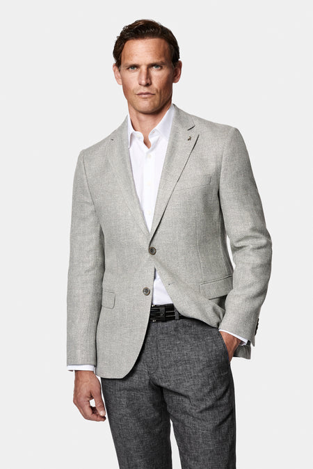 Açık Gri 7 Drop Slim Fit Dar Kesim Keten Karışımlı Desenli Klasik Ceket