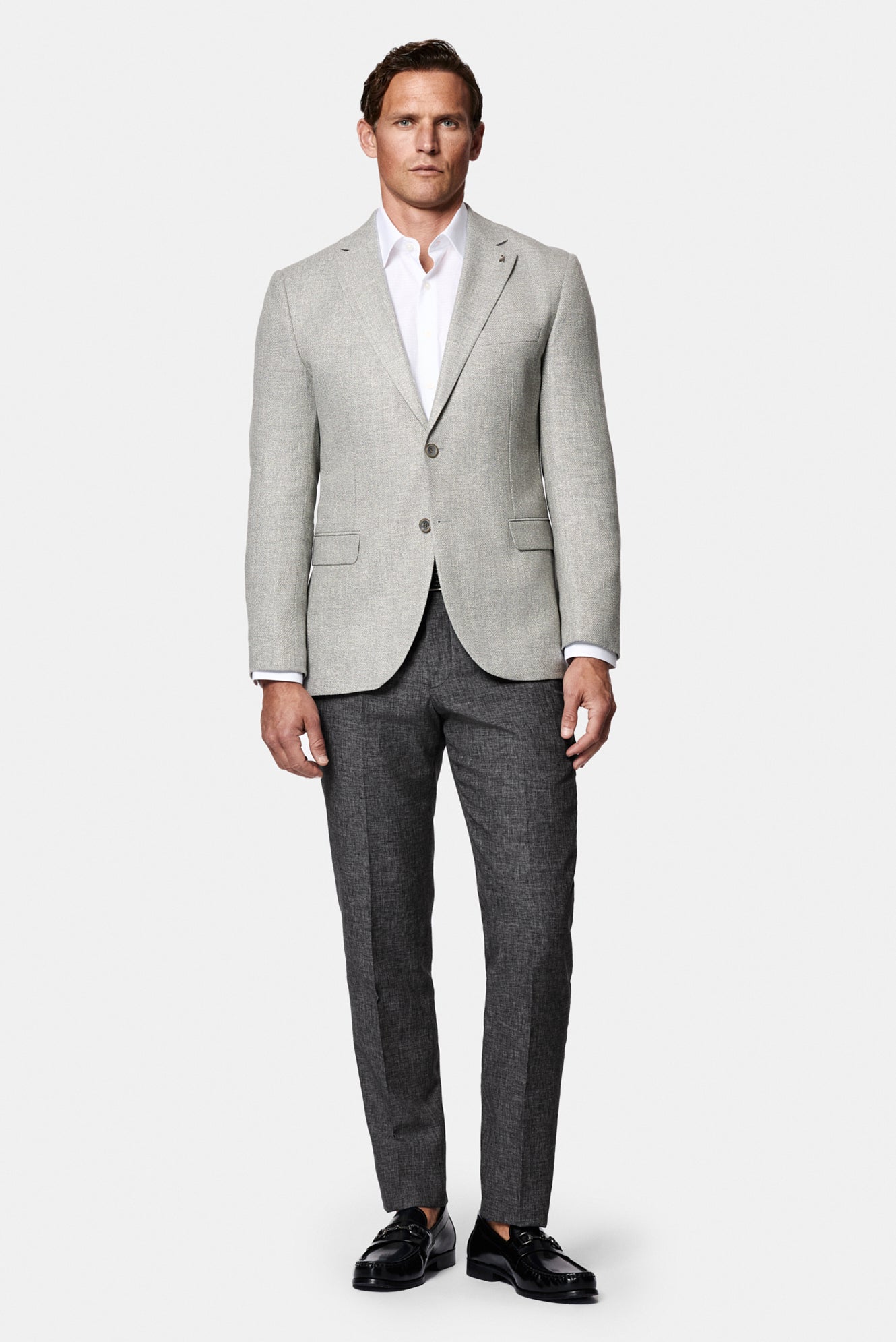 Açık Gri 7 Drop Slim Fit Dar Kesim Keten Karışımlı Desenli Klasik Ceket