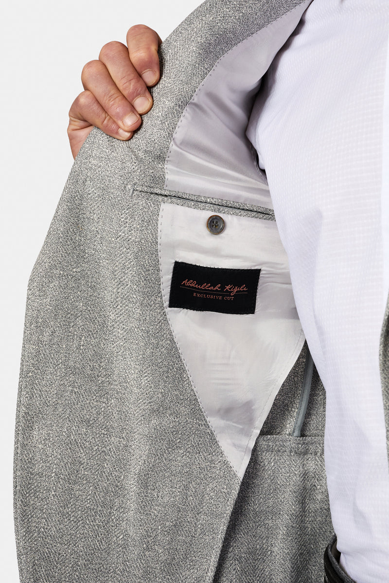 Açık Gri 7 Drop Slim Fit Dar Kesim Keten Karışımlı Desenli Klasik Ceket