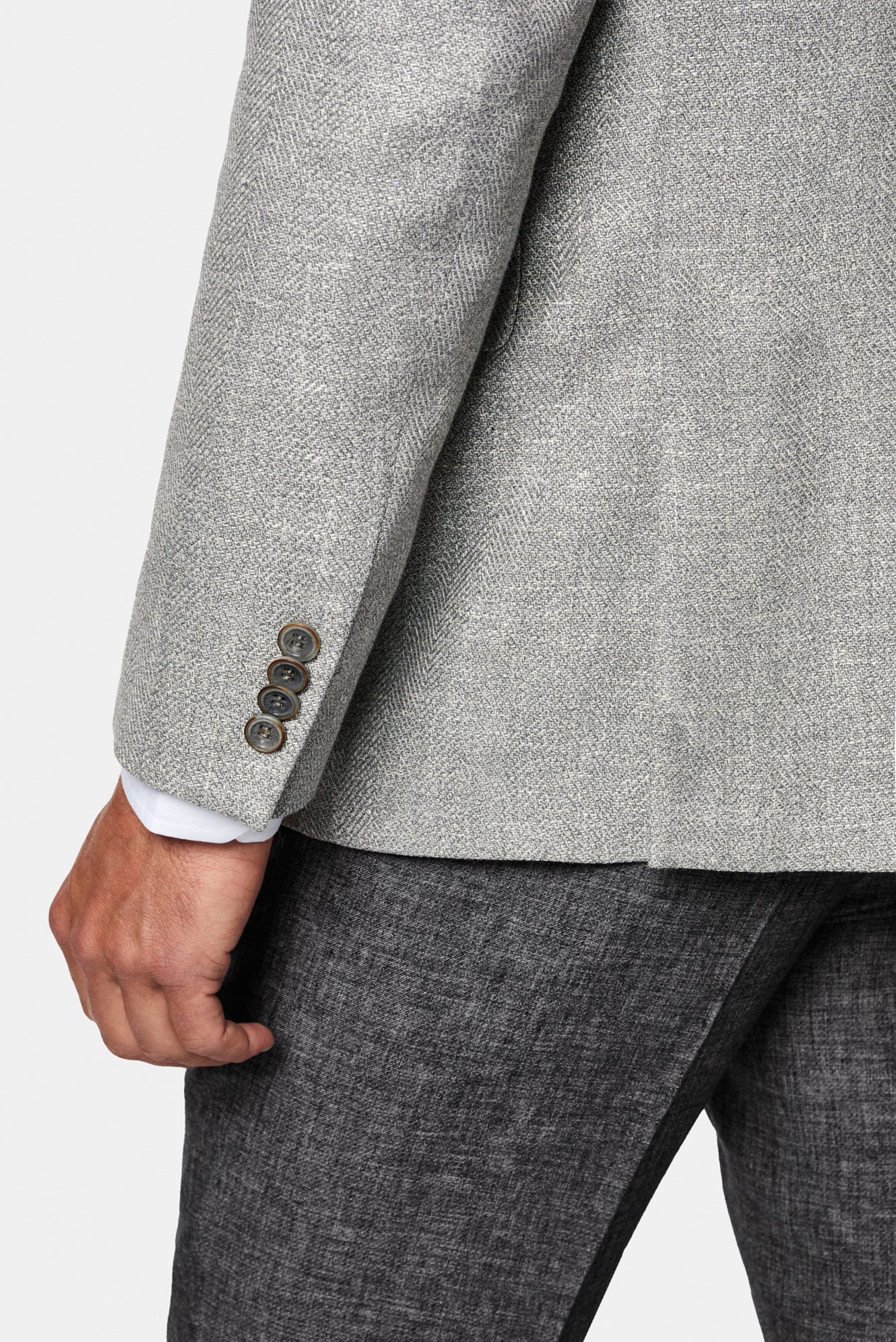 Açık Gri 7 Drop Slim Fit Dar Kesim Keten Karışımlı Desenli Klasik Ceket