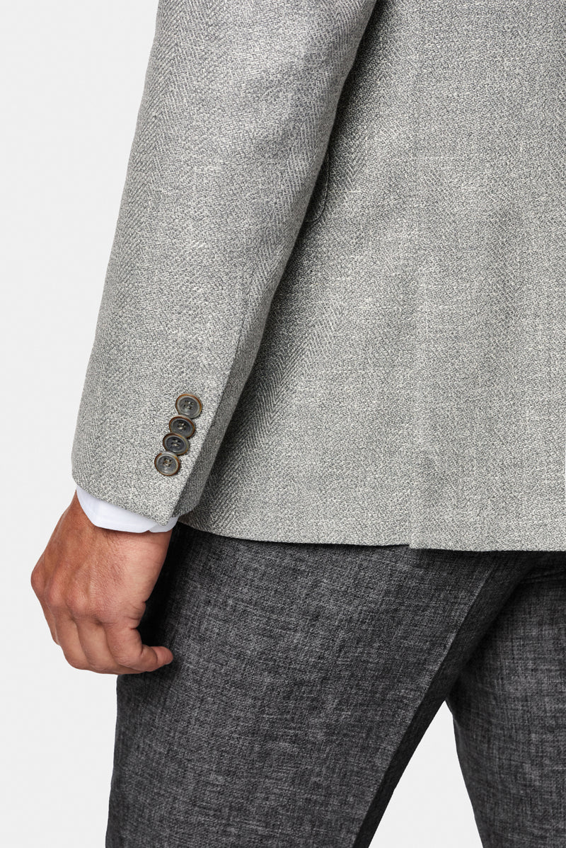 Açık Gri 7 Drop Slim Fit Dar Kesim Keten Karışımlı Desenli Klasik Ceket