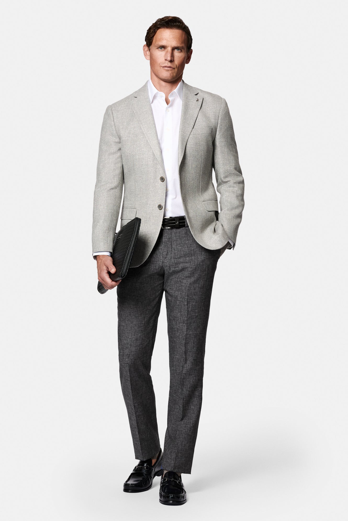 Açık Gri 7 Drop Slim Fit Dar Kesim Keten Karışımlı Desenli Klasik Ceket