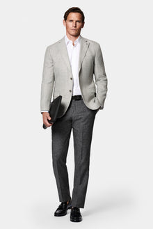 Açık Gri 7 Drop Slim Fit Dar Kesim Keten Karışımlı Desenli Klasik Ceket