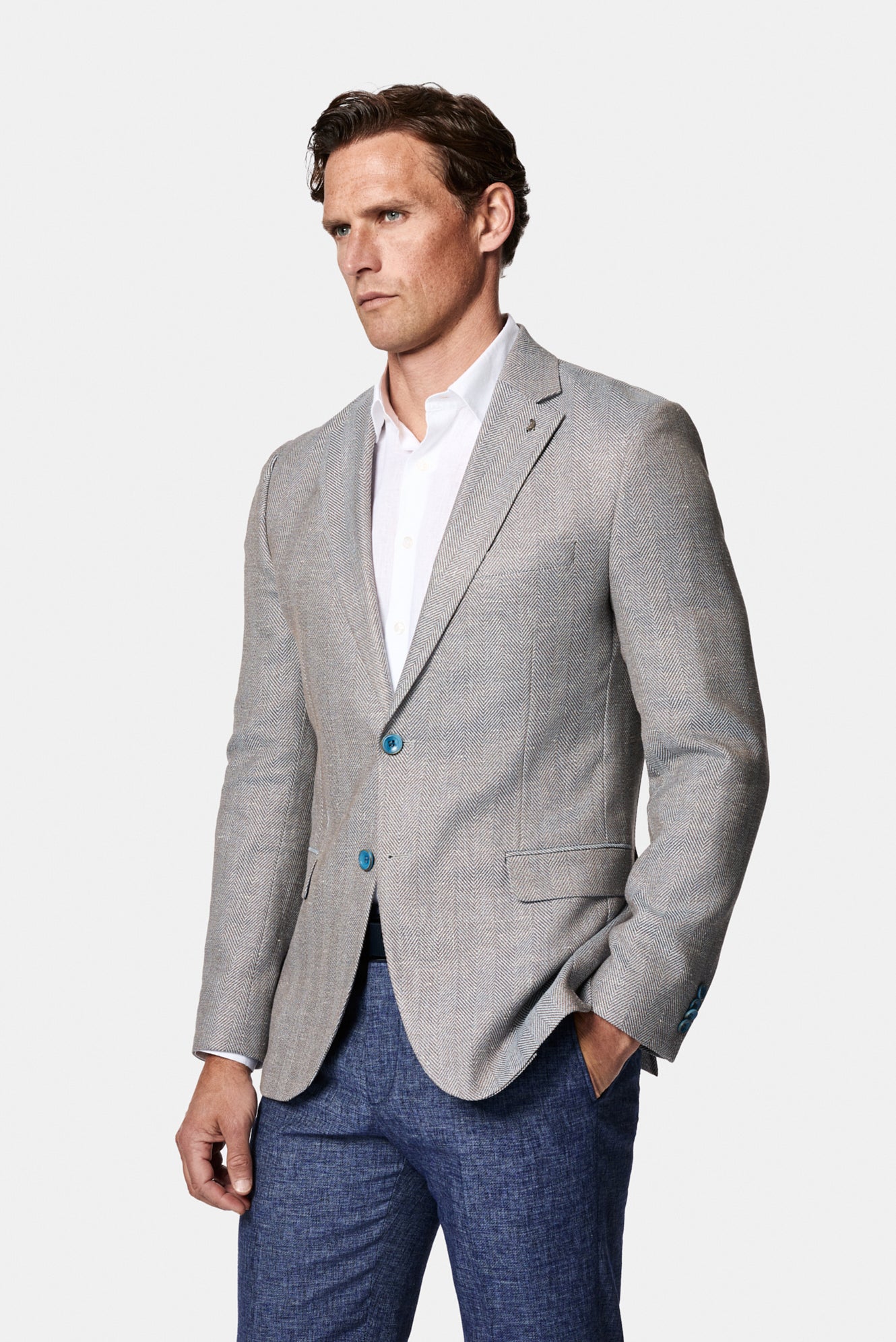 Koyu Mavi  7 Drop Slim Fit Dar Kesim Keten Karışımlı Desenli Klasik Ceket