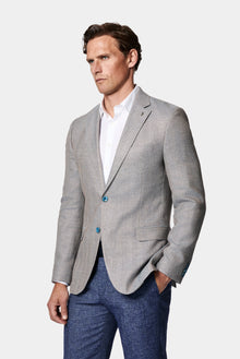 Koyu Mavi  7 Drop Slim Fit Dar Kesim Keten Karışımlı Desenli Klasik Ceket
