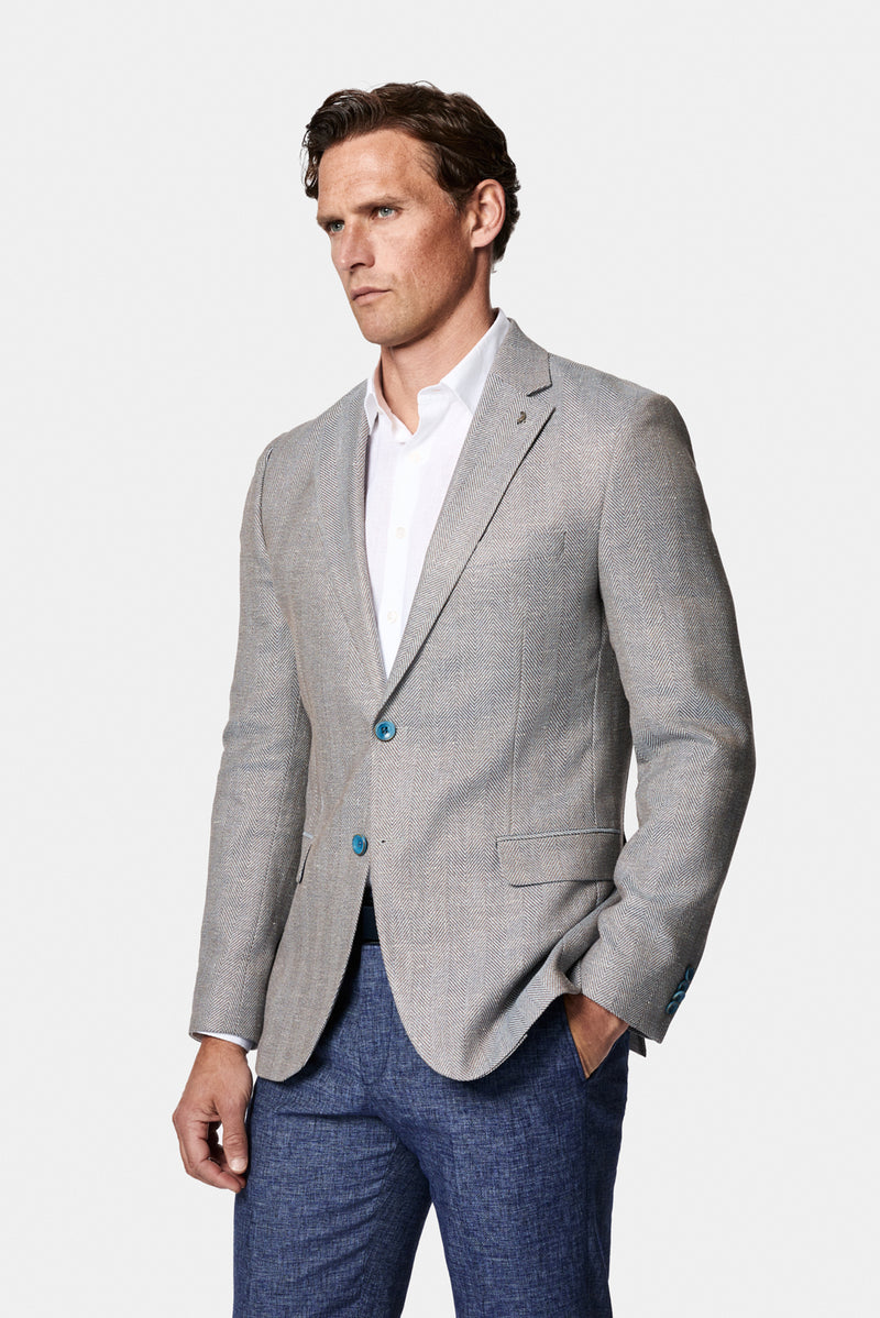 Koyu Mavi  7 Drop Slim Fit Dar Kesim Keten Karışımlı Desenli Klasik Ceket