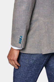 Koyu Mavi  7 Drop Slim Fit Dar Kesim Keten Karışımlı Desenli Klasik Ceket