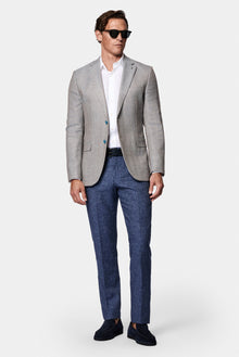 Koyu Mavi  7 Drop Slim Fit Dar Kesim Keten Karışımlı Desenli Klasik Ceket