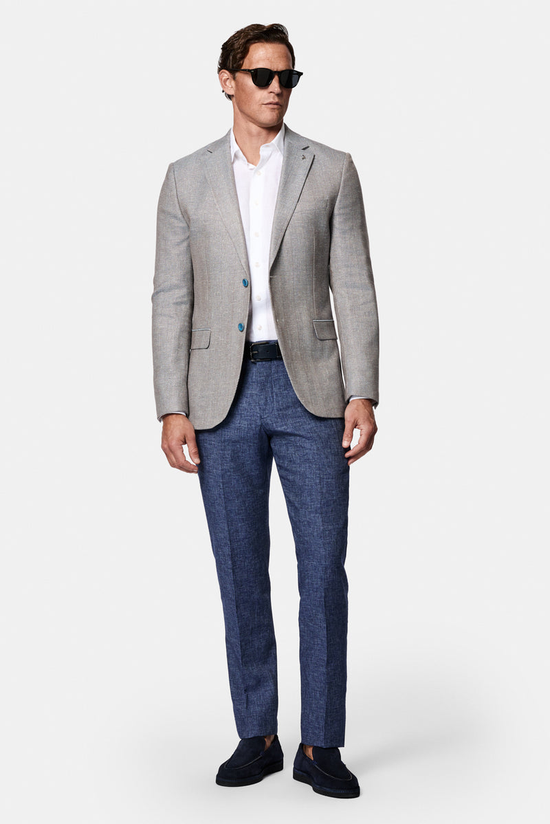 Koyu Mavi  7 Drop Slim Fit Dar Kesim Keten Karışımlı Desenli Klasik Ceket