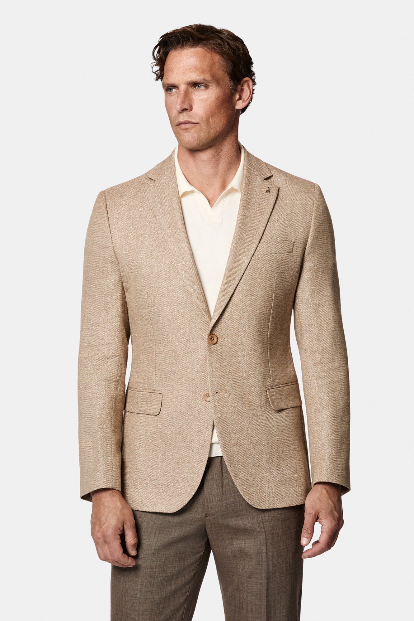 Açık Bej 7 Drop Slim Fit Dar Kesim Keten Karışımlı Desenli Astarsız Klasik Ceket