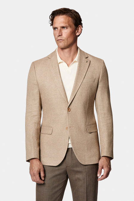 Açık Bej 7 Drop Slim Fit Dar Kesim Keten Karışımlı Desenli Astarsız Klasik Ceket