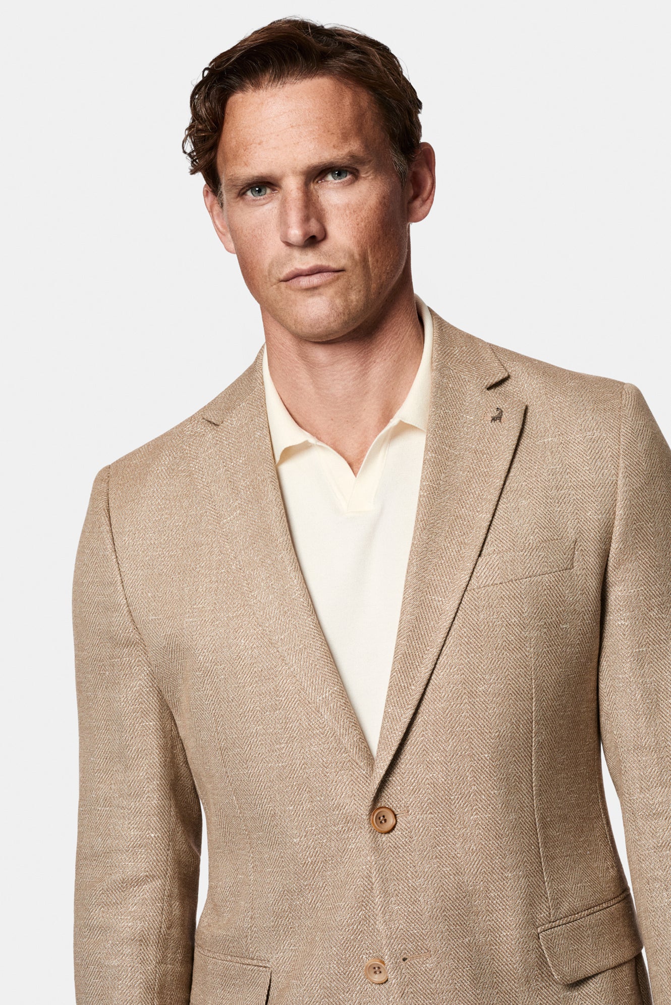 Açık Bej 7 Drop Slim Fit Dar Kesim Keten Karışımlı Desenli Astarsız Klasik Ceket